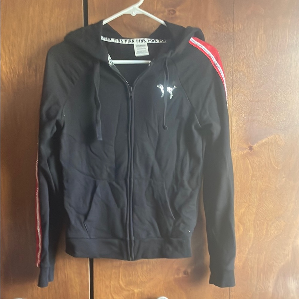 Black Zip-Up Hoodie with Red Stripes